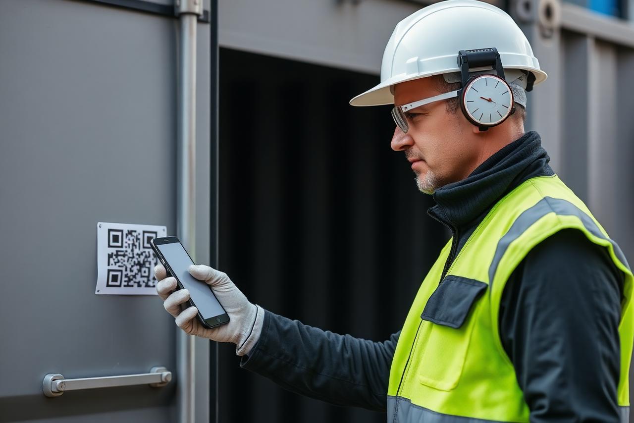 Bouwmedewerker met helm en hi-vis vest scant een QR-code met zijn smartphone