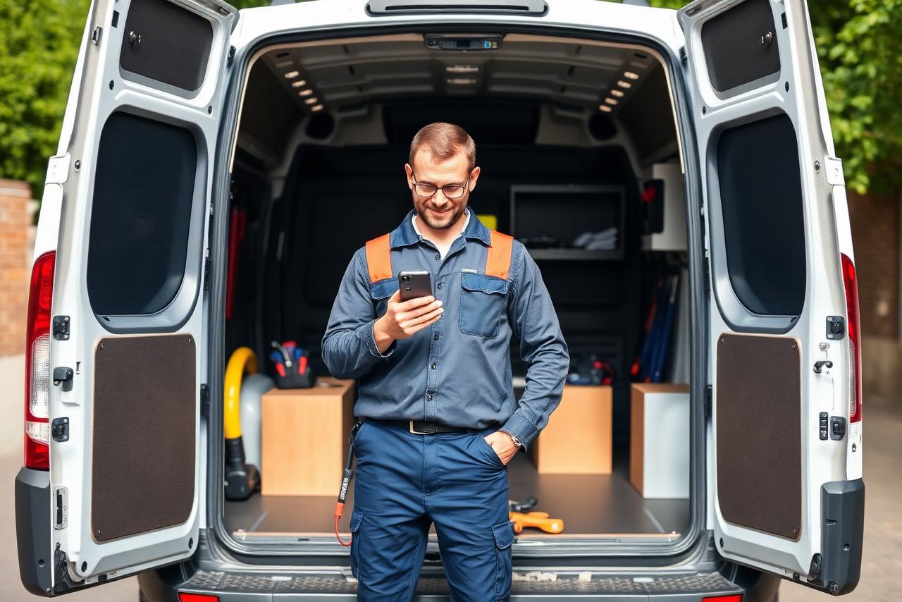 Technieker met smartphone bij de open laadruimte van een bestelwagen
